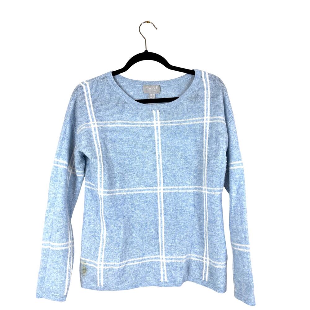 Pure Collection Womens S Blue White Plaid 100% Cashmere Crew Neck Sweater